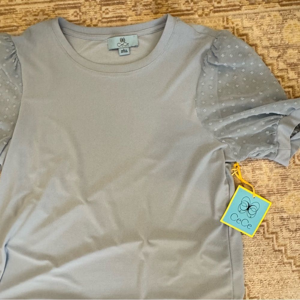 NWT CeCe Light Blue Textured Puff Sleeve Blouse - Picture 8 of 10
